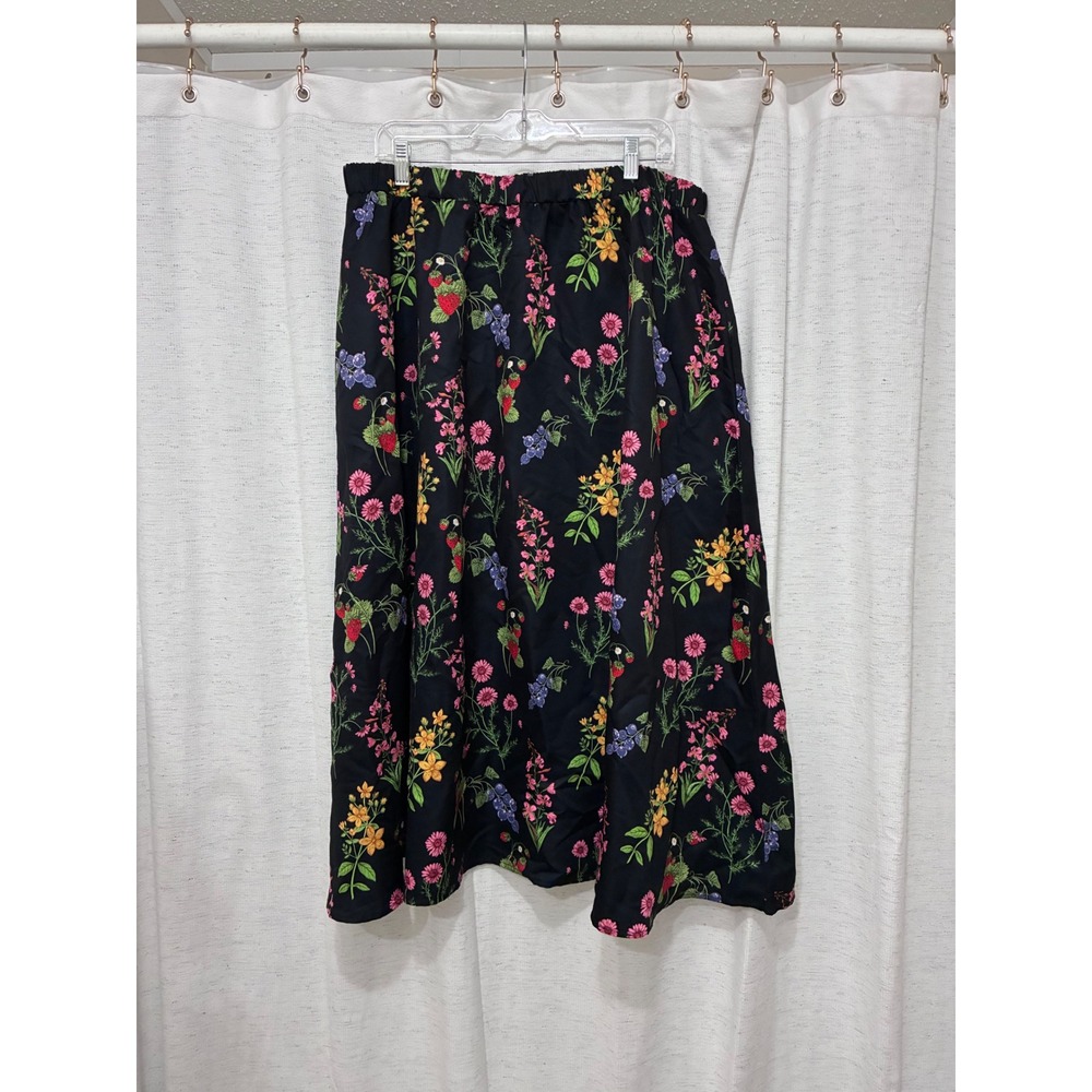 CIDER Black Floral Fruit Botanical Midi Skirt Elastic Waist Cottagecore 2XL